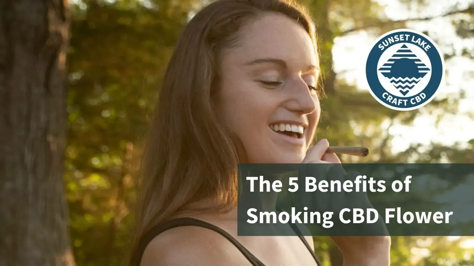 A woman smoking CBD. Text reads "The 5 Benefits of Smoking CBD Flower"