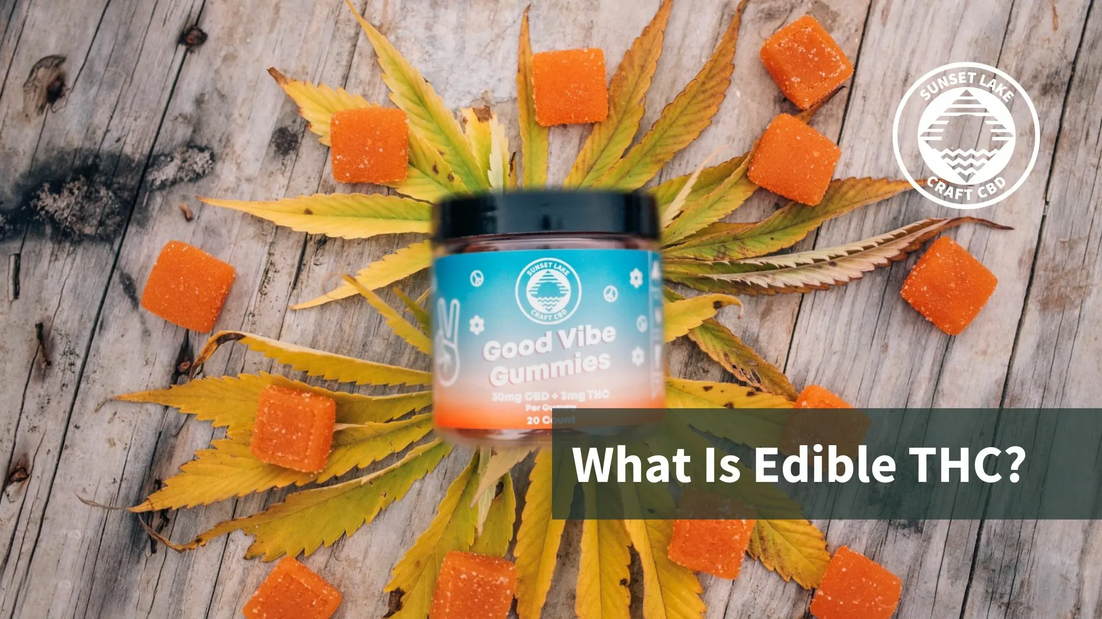 A jar of Good Vibe Gummies surrounded by cannabis leaves. Text reads "What is edible THC?"
