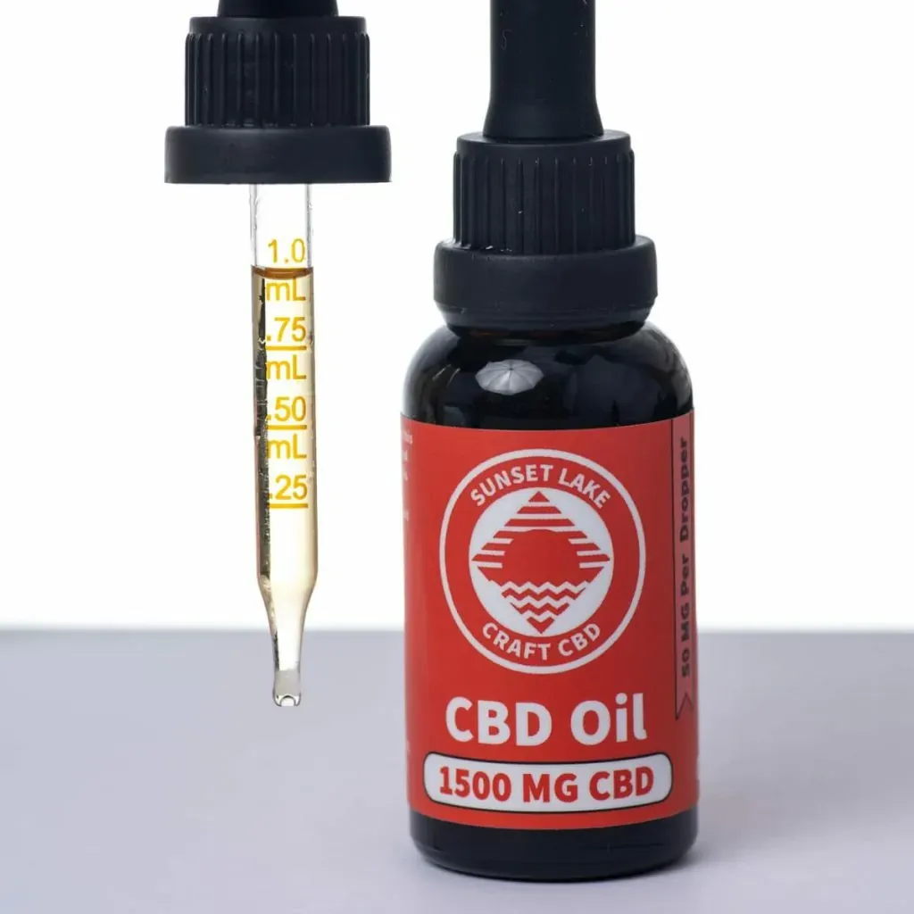A dropper filled to the 1 milliliter mark next to a CBD oil tincture