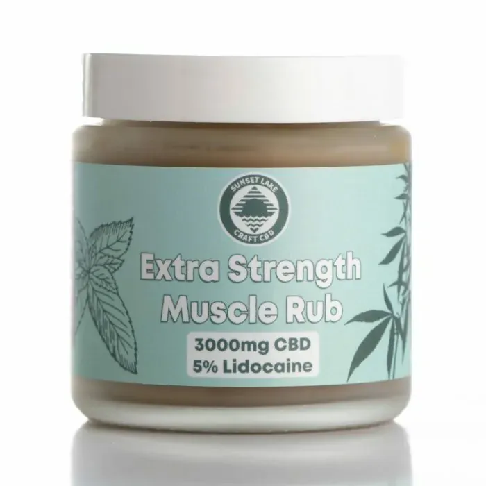 Sunset Lake CBD's Extra Strength Muscle Rub with full spectrum CBD, lidocaine, camphor oil, and menthol