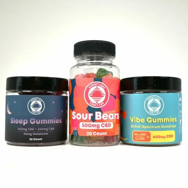 Sleep Gummies, CBD Gummies, and Vibe Gummies next to each other.