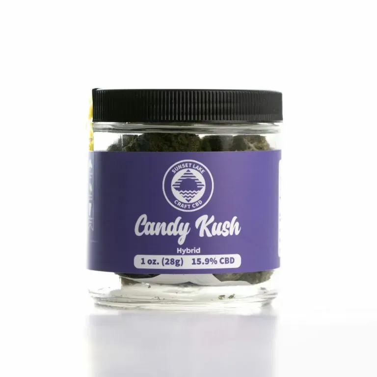 One ounce jar of Candy Kush hemp flower from Sunset Lake CBD
