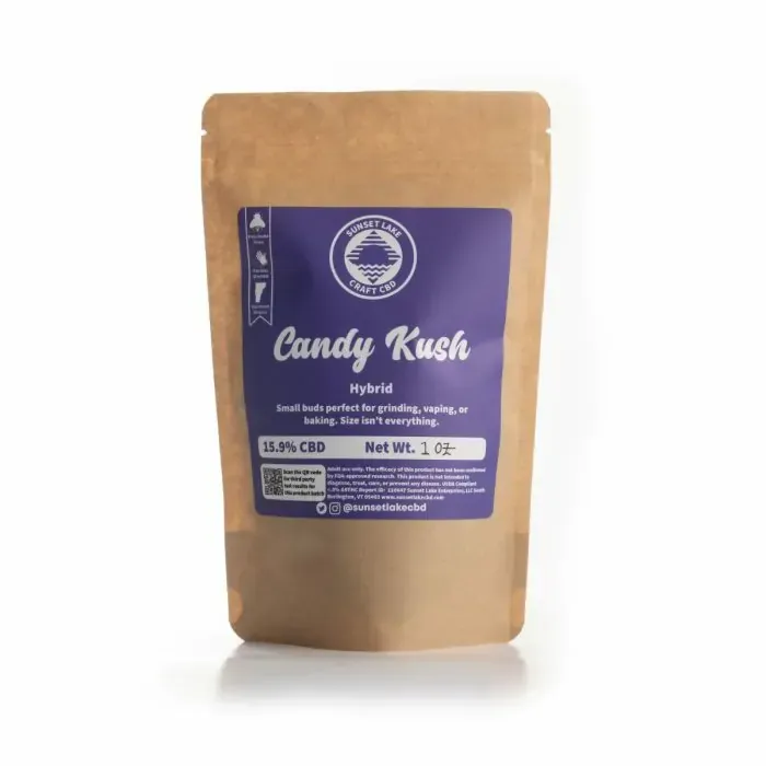 One ounce bag of Candy Kush hemp flower smalls from Sunset Lake CBD