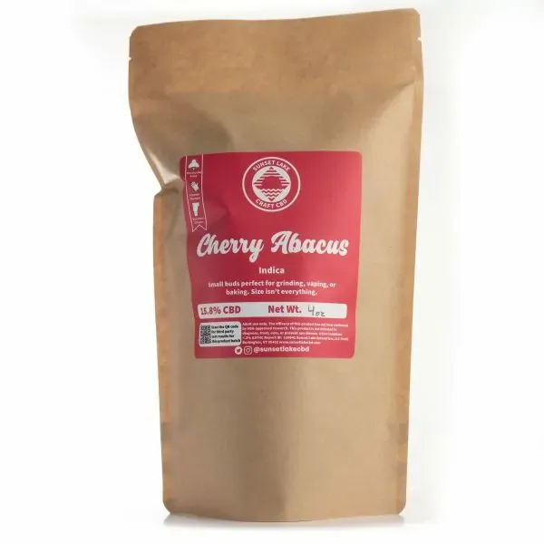 A four ounce bag of Cherry Abacus hemp smalls. 15.8% CBD
