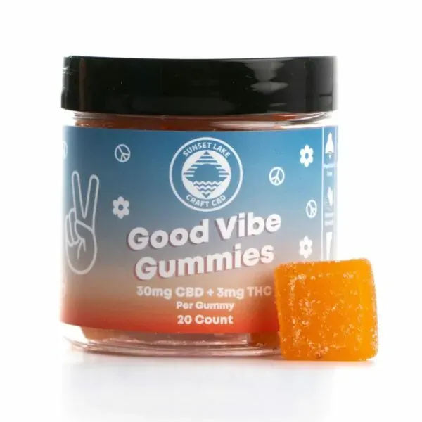 Sunset Lake CBD's Good Vibe Gummy containing 30mg of CBD and 3mg of hemp-derived THC