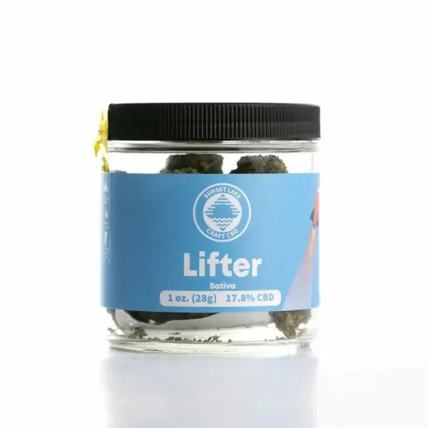 One ounce jar of Lifter hemp flower from Sunset Lake CBD