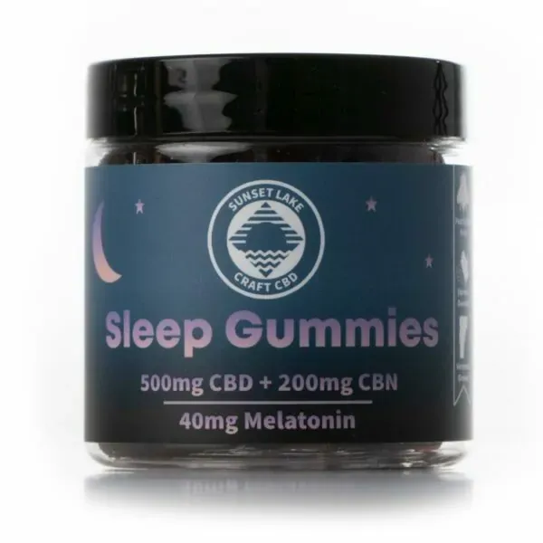 Sleep Gummies with CBN from Sunset Lake CBD. Label Reads "500mg CBD + 200mg CBN + 40mg Melatonin"