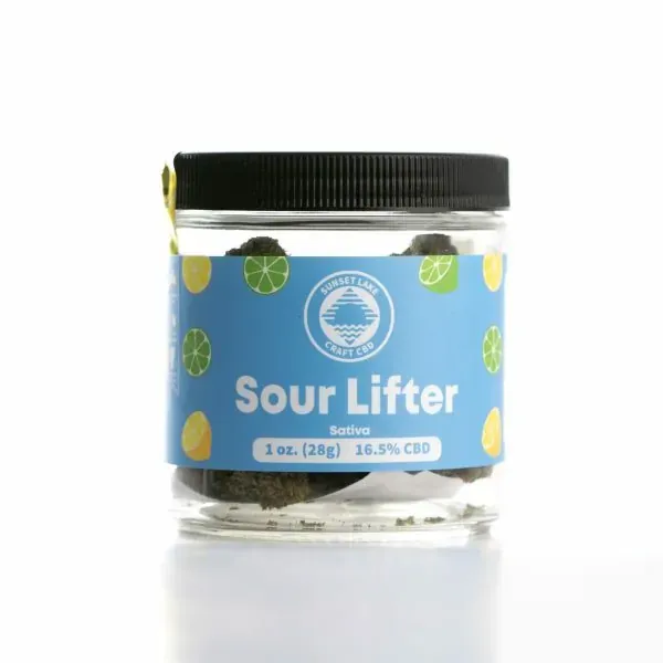 One ounce jar of Sour Lifter hemp flower from Sunset Lake CBD