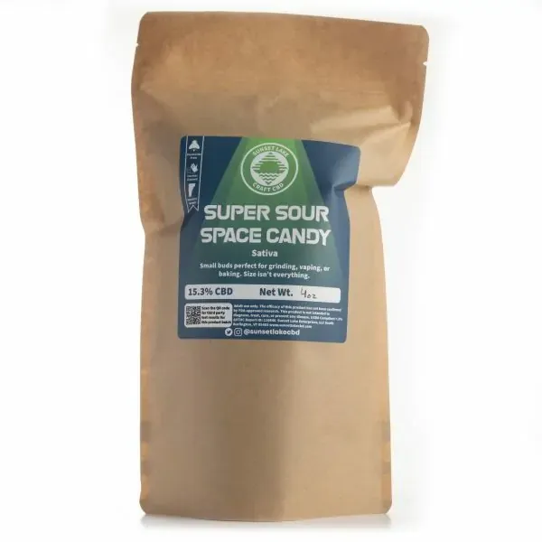 A four ounce bag of Super Sour Space Candy hemp flower smalls. 15.3% CBD