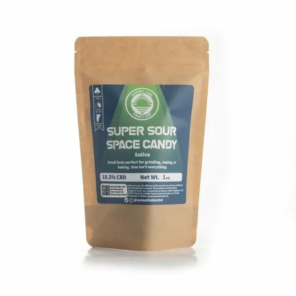A one ounce bag of Super Sour Space Candy hemp flower smalls. 15.3% CBD