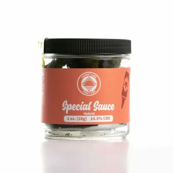One ounce jar of Special Sauce hemp flower from Sunset Lake CBD