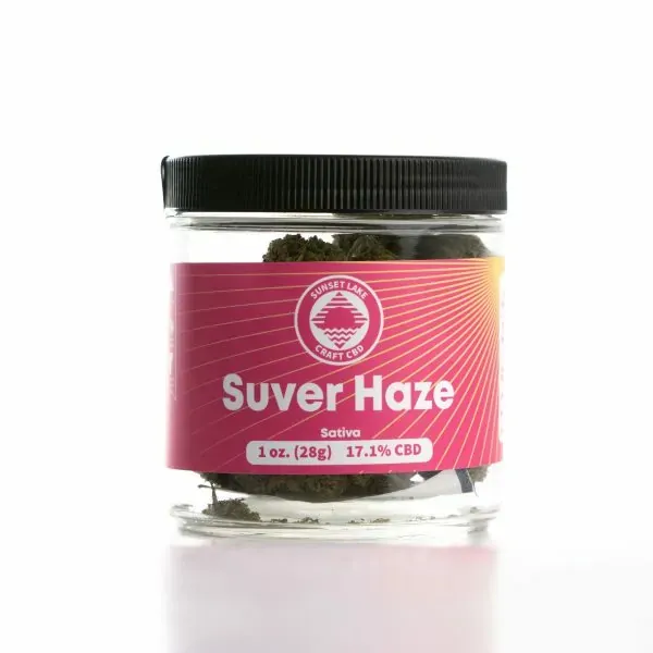 One ounce jar of Suver Haze hemp flower from Sunset Lake CBD