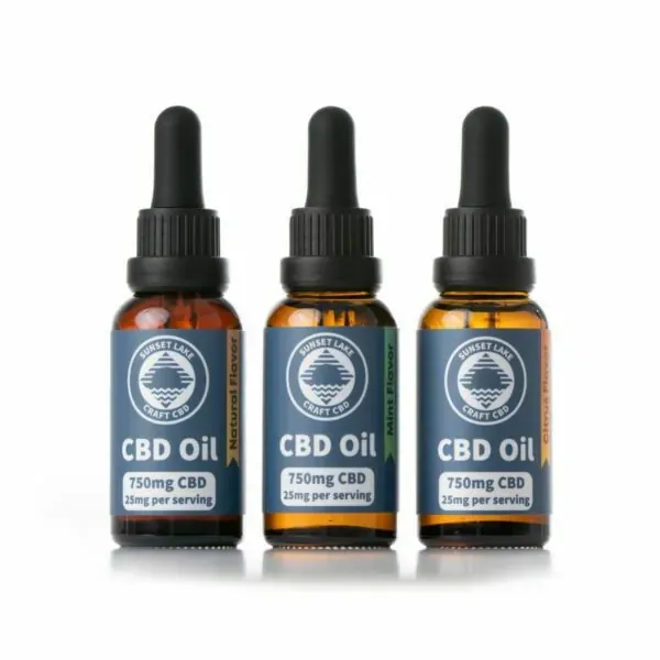 All three flavors of 750mg CBD Oils together. Natural, mint, and citrus