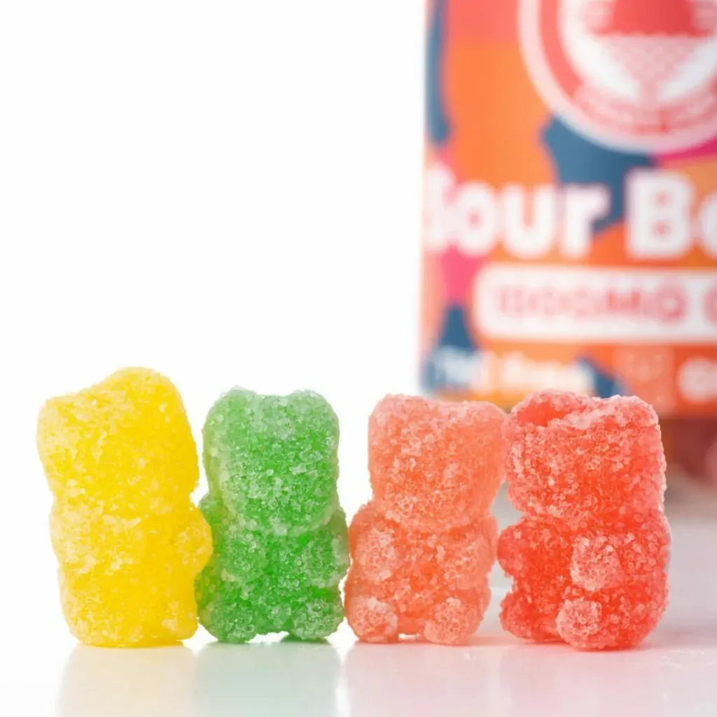 Four different colored Sour Bear CBD Gummies.