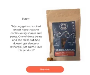 A shop card for the CBD Treats for Dogs with a customer review to the left