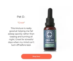 A shop now card for the melatonin + CBD Oil with a customer review to the side