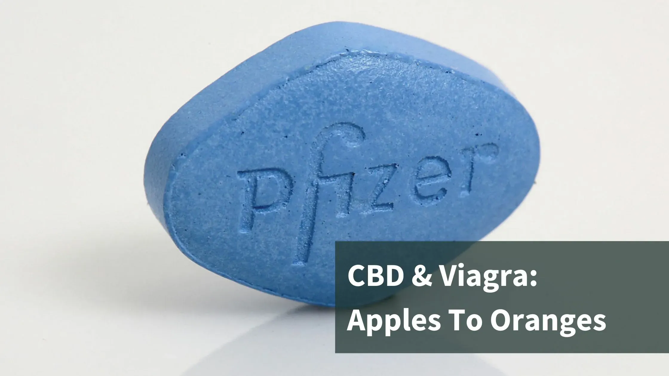 A tablet of Viagra with the words "CBD & Viagra: Apples to Oranges"